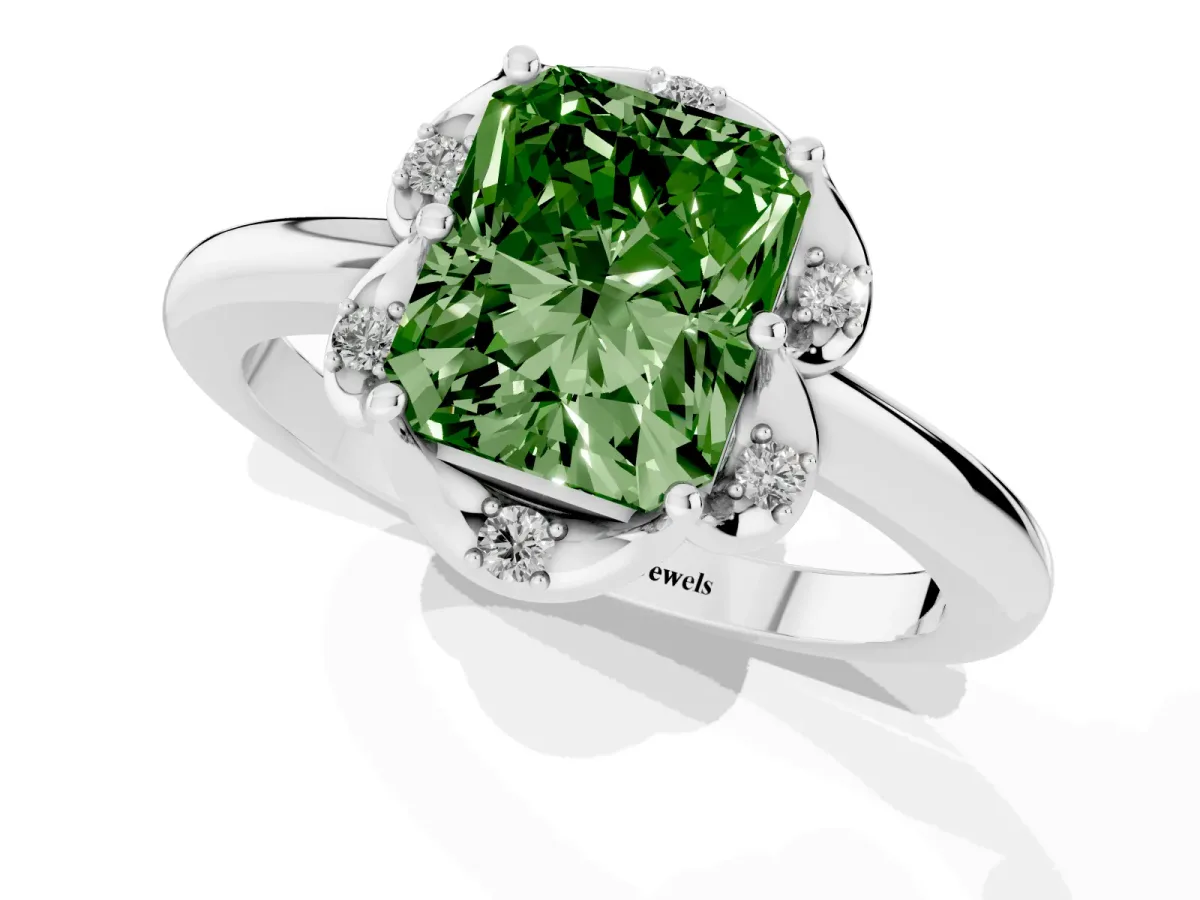 Fancy Green Radiant Cut Halo Diamond Ring with Round Cluster Setting, Solitaire Band, and Four-Prong Setting Silver