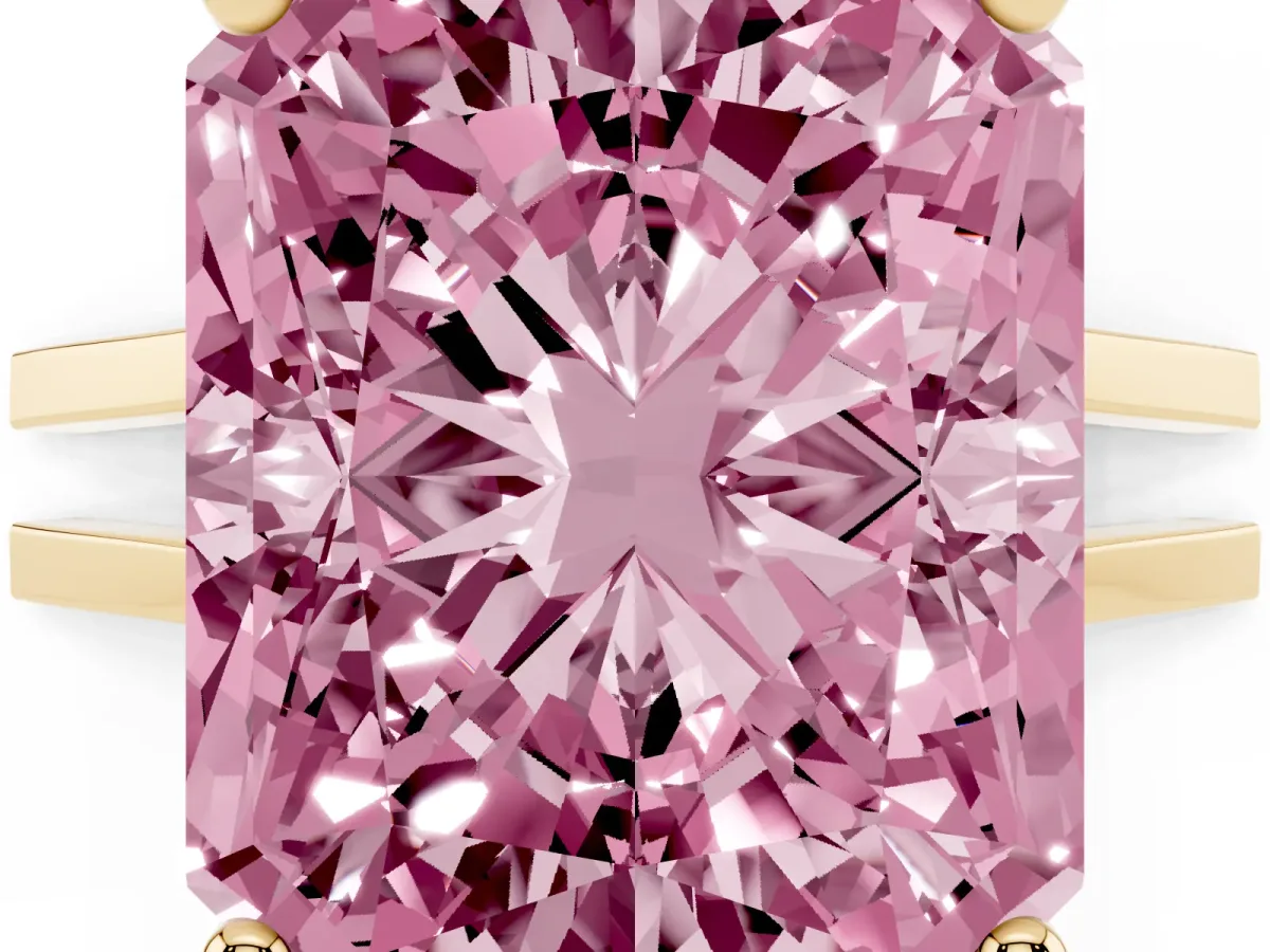 Fancy Pink Radiant Cut Cut Diamond Solitaire Engagement Ring with Tapered Plain Band and Four-Prong Setting Yellow gold