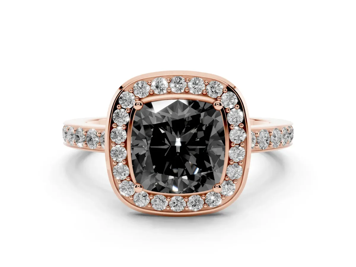 Fancy Black Cushion Cut Diamond Halo Ring with Bezel Frame and Pavé Band Rose gold