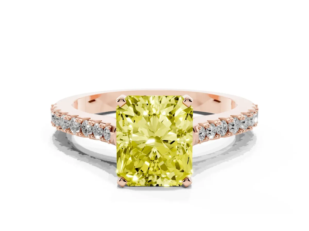 Fancy Yellow Radiant Cut Cut Solitaire Diamond Engagement Ring with Pave Band and Four-Prong Setting Rose gold