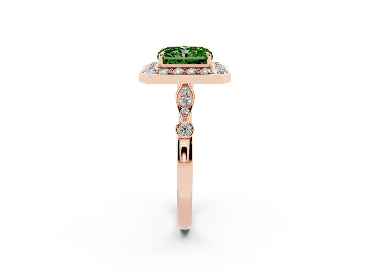 Fancy Green Radiant Cut Halo Diamond Engagement Ring with Twisted Band and Four-Prong Setting Rose gold
