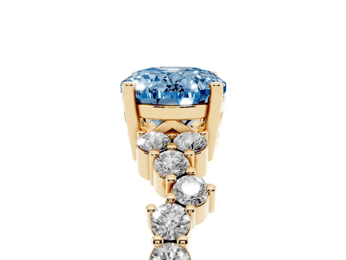 Fancy Blue Oval Cut Diamond Scattered Round Accent Ring with Prong Setting Yellow gold