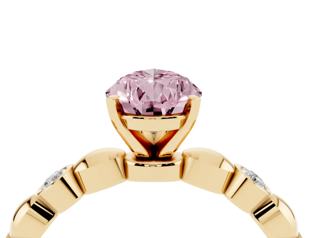 Fancy Pink Pear Cut Solitaire Bezel-Set Diamond Ring with Beaded Band and Four-Prong Setting Yellow gold