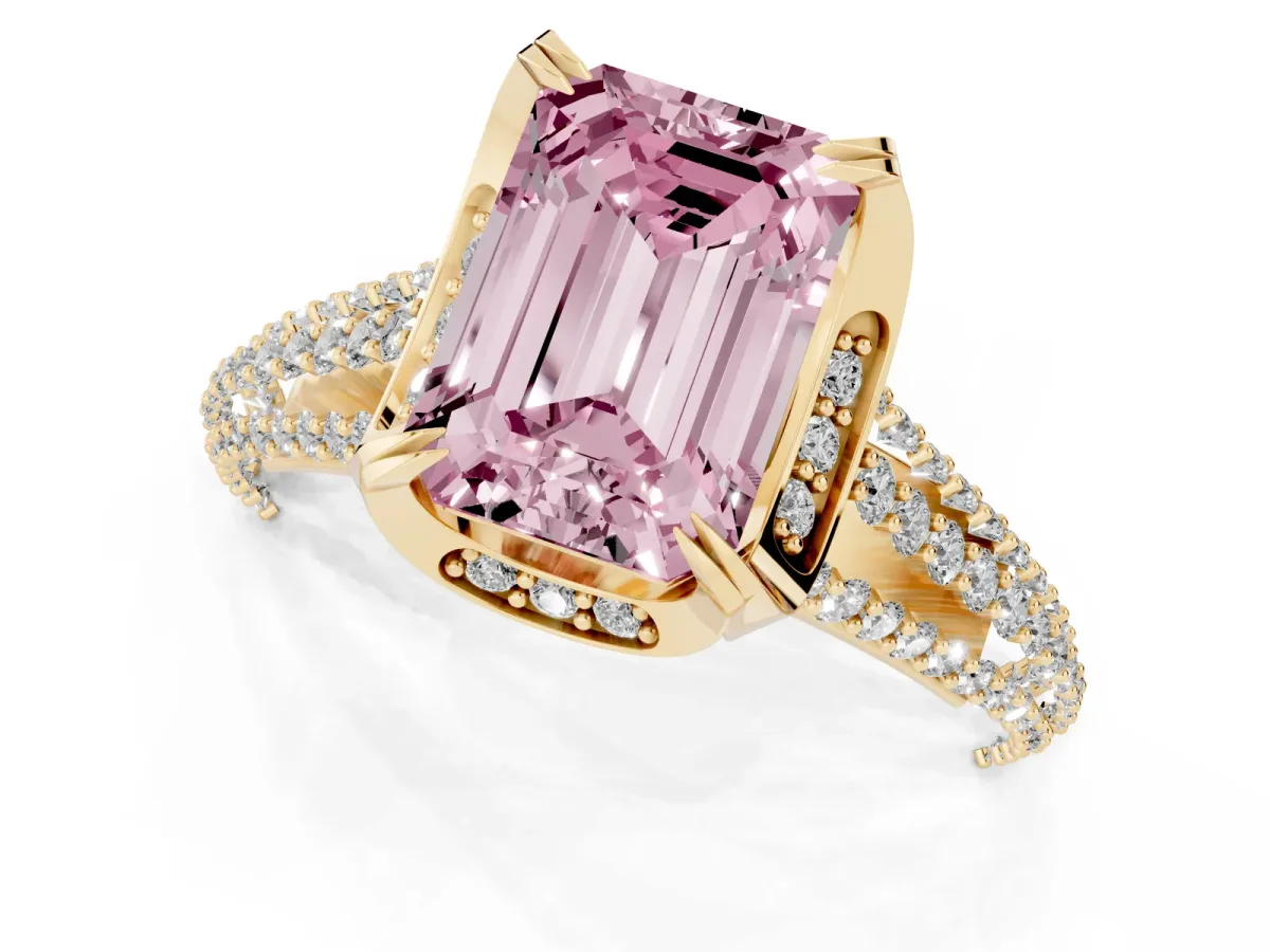 Fancy Pink Emerald Cut Solitaire Pave Split Shank Ring with Four-Prong Setting Yellow gold