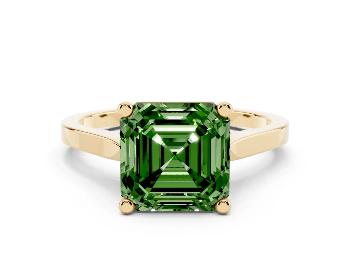 Fancy Green Asscher Cut Solitaire Diamond Ring with Four-Prong Setting and Tapered Band Yellow gold