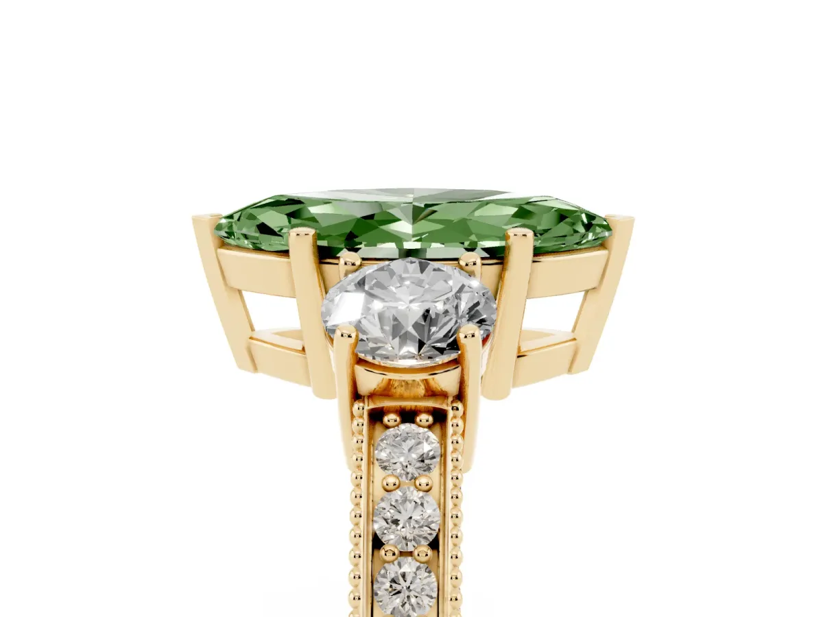 Fancy Green Marquise Cut Three-Stone Diamond Ring with Pavé Band and Four-Prong Setting Yellow gold