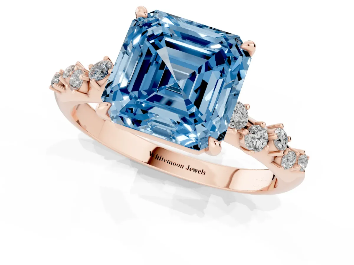 Fancy Blue Asscher Cut Diamond Cluster Side Stone Solitaire Ring with Prong Setting Rose gold