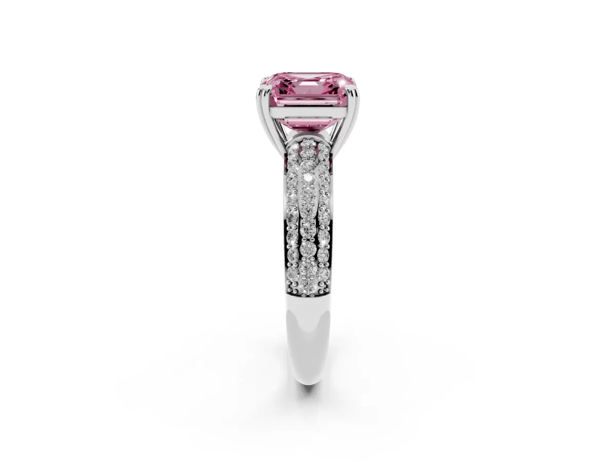Fancy Pink Asscher Cut Diamond Solitaire Ring with Multi-Row Round Pavé Band and Prong Setting Silver