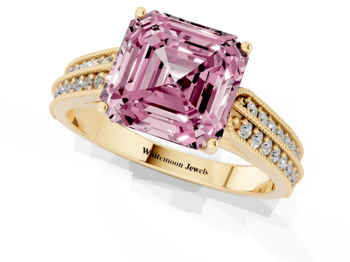 Fancy Pink Asscher Cut Cut Pave Split Shank Engagement Ring with Four-Prong Setting Yellow gold