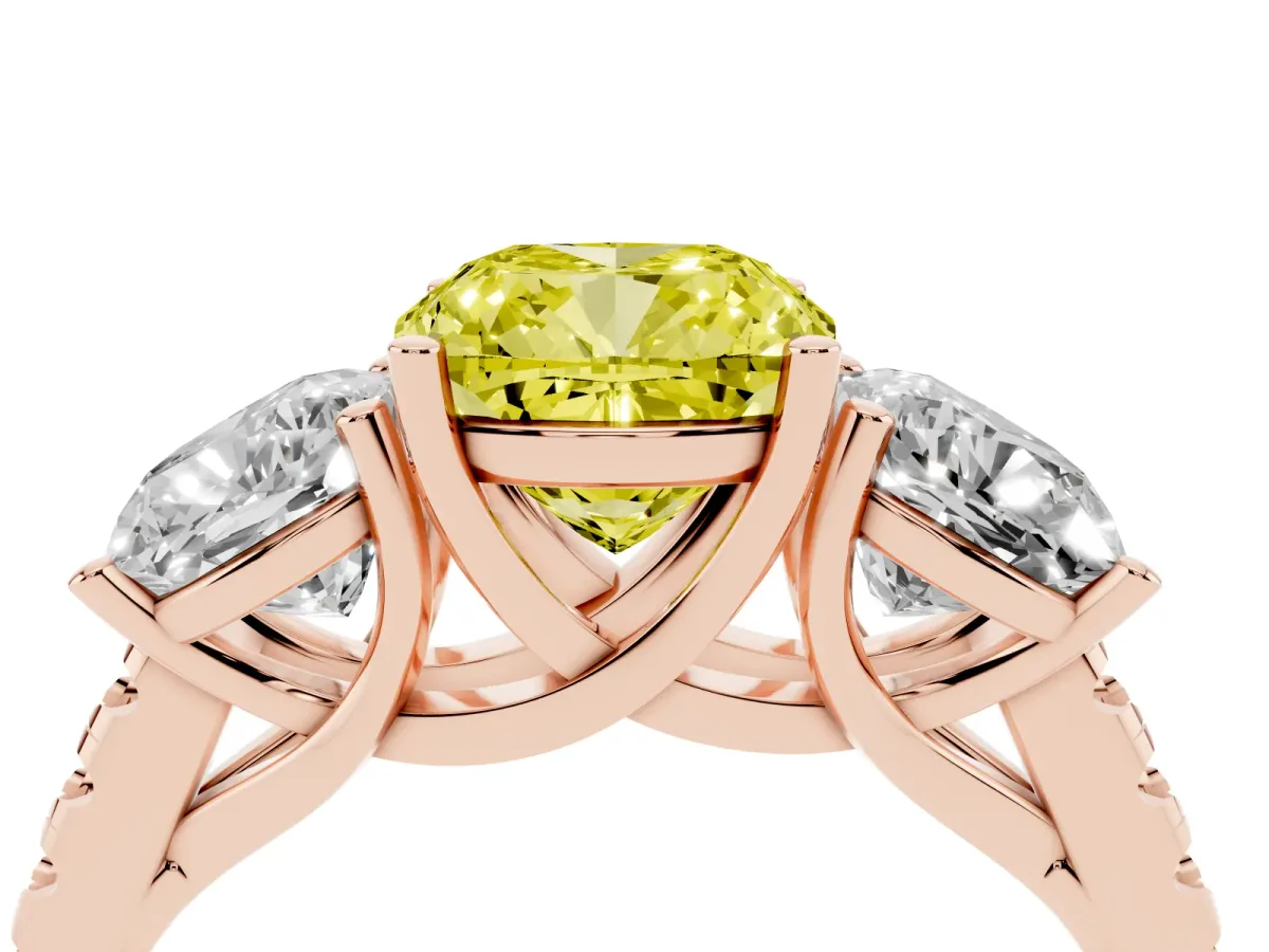 Fancy Yellow Three-Stone Cushion Cut Diamond Ring with Round Pavé Band and Prong Setting Rose gold