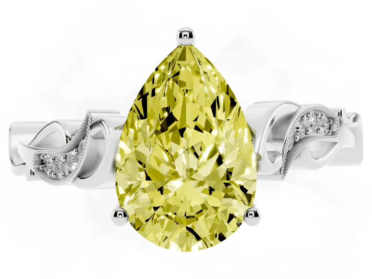 Fancy Yellow Pear Cut Solitaire Vine Band with Milgrain Prong Setting Silver