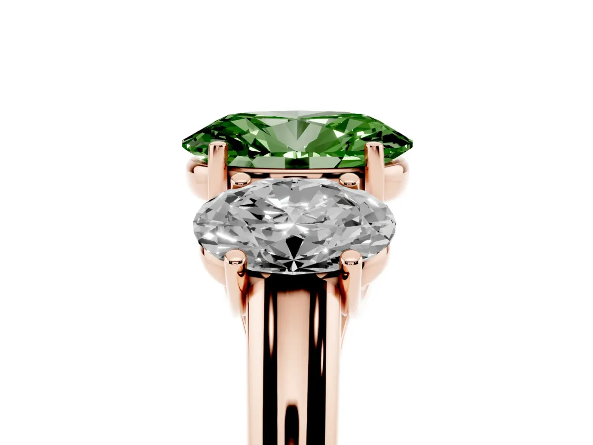 Fancy Green Three-Stone Oval Cut Diamond Engagement Ring with Prong Setting Rose gold