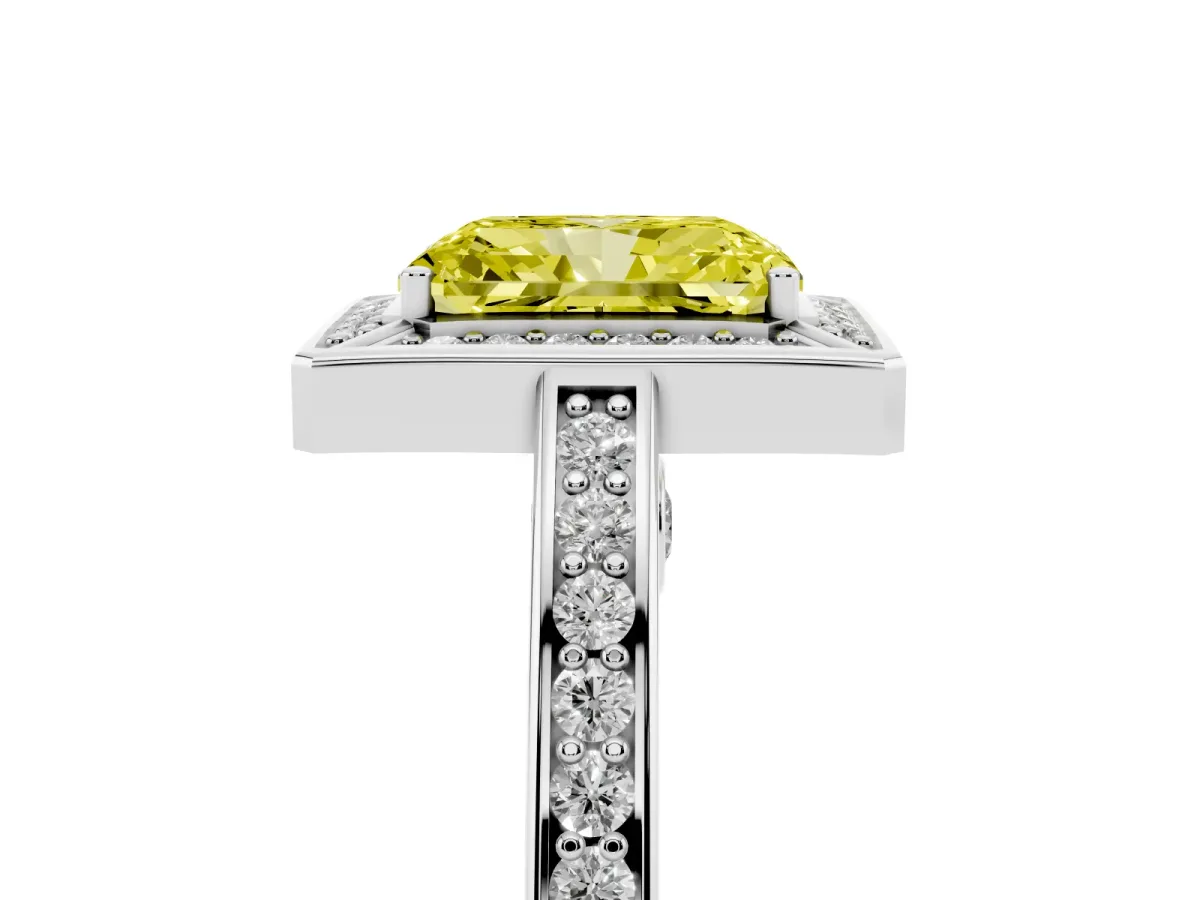 Fancy Yellow Radiant Cut Cut Halo Pave Split Shank Prong Setting Ring Platinum