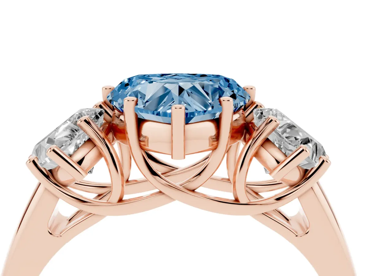 Fancy Blue Three-Stone Heart Cut Diamond Engagement Ring with Prong Setting Rose gold