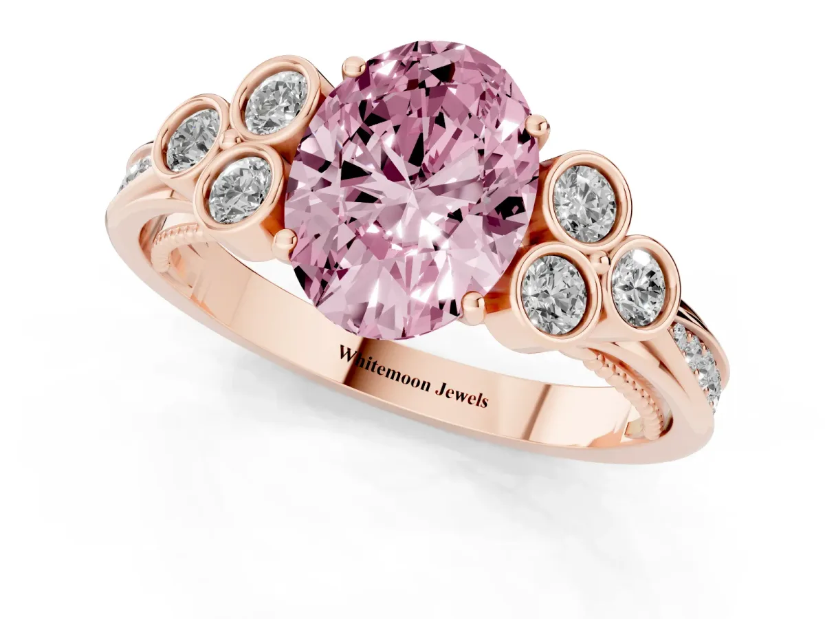 Fancy Pink Oval Cut Cut Diamond Engagement Ring with Bezel Set Round Side Stones and Prong Setting Rose gold
