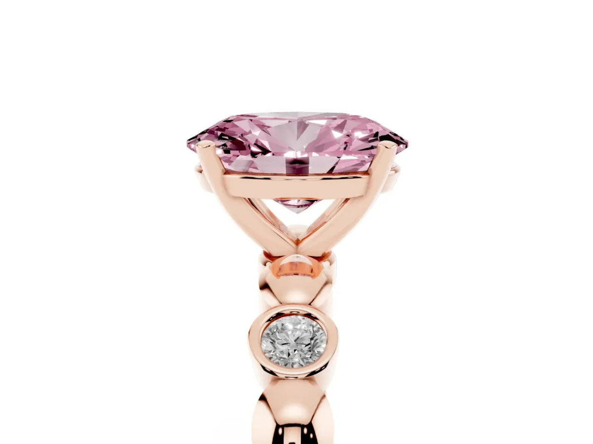 Fancy Pink Oval Cut Solitaire Bezel-Set Diamond Ring with Beaded Band and Four-Prong Setting Rose gold