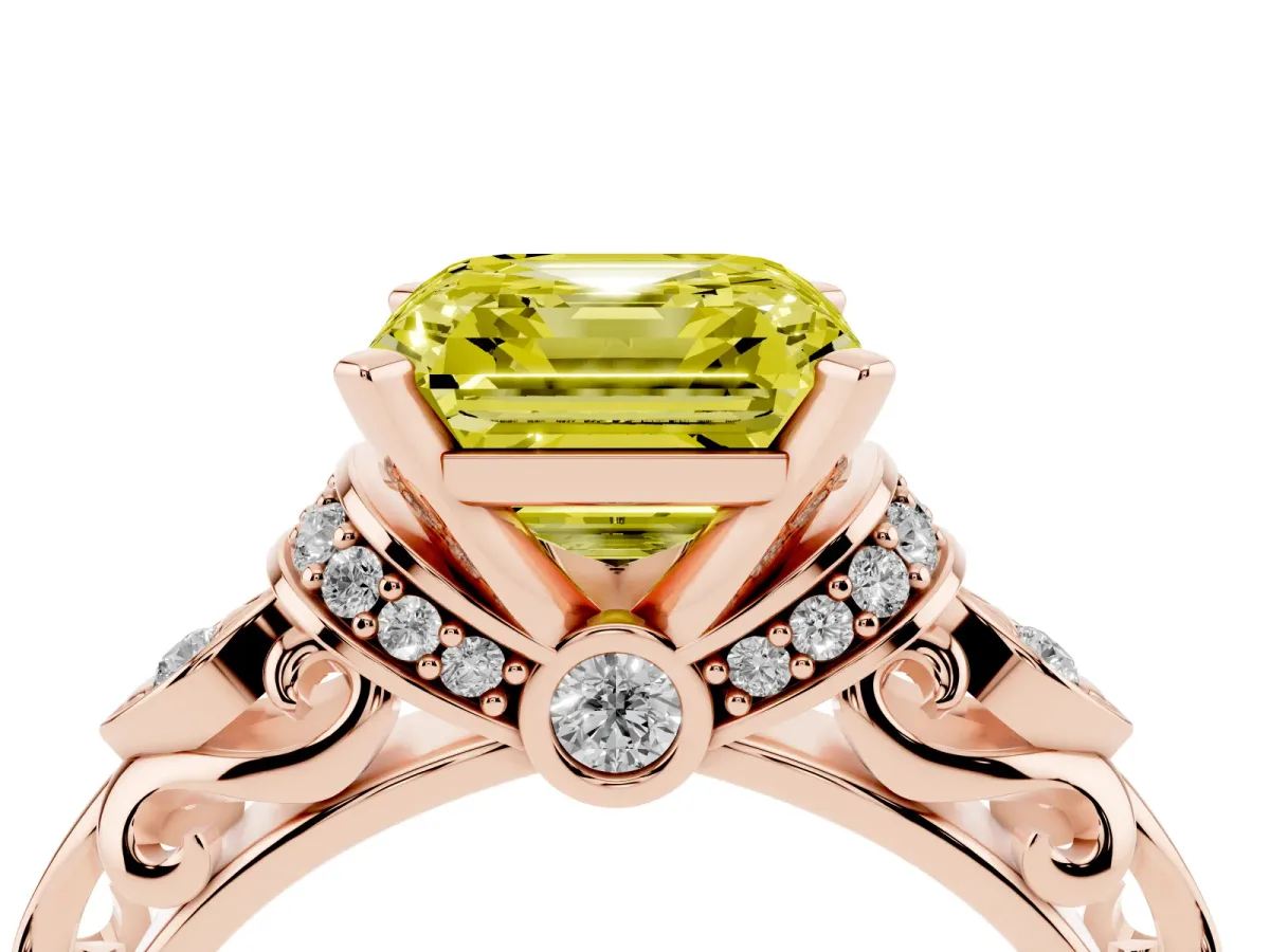 Fancy Yellow Asscher Cut Diamond Solitaire Ring with Filigree Band and Four-Prong Setting Rose gold