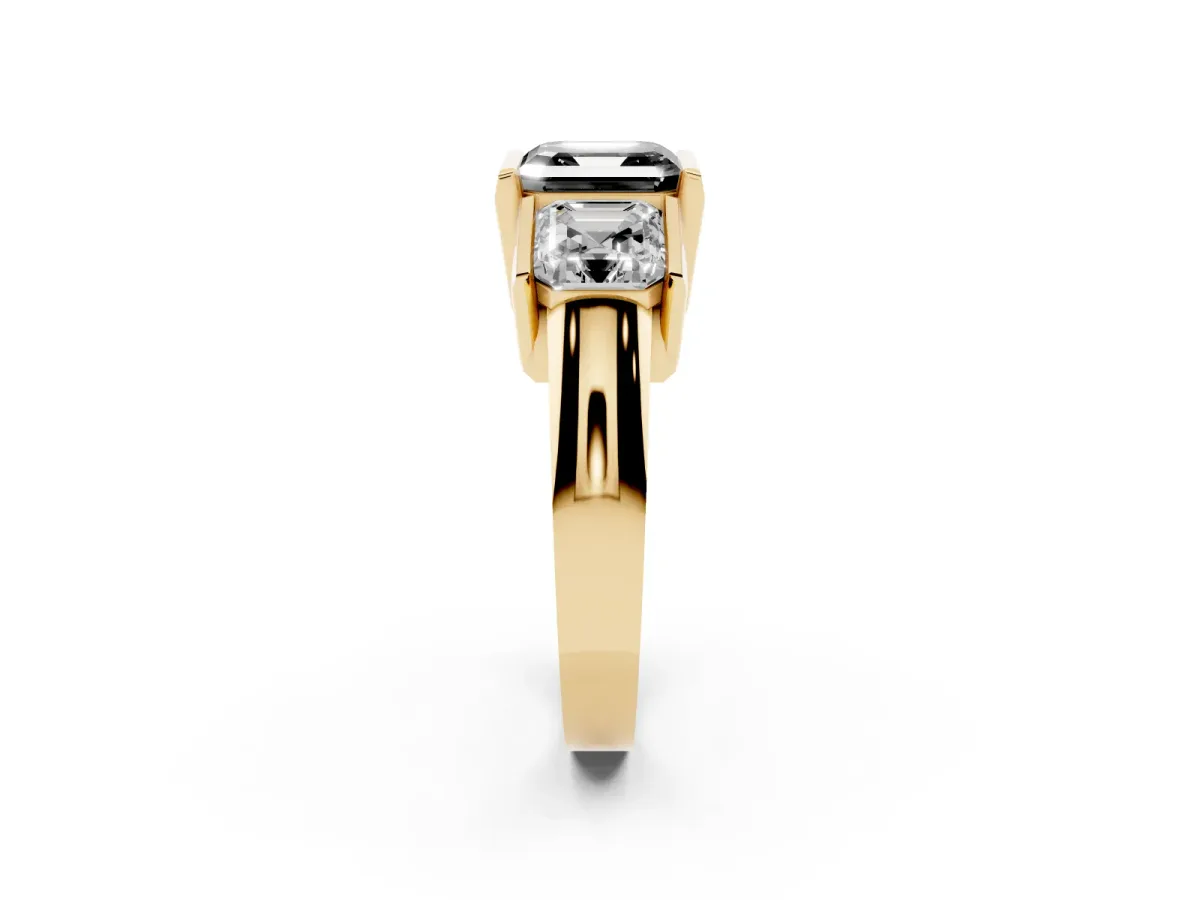 Fancy Black Three Stone Asscher Cut Cut Channel Set Diamond Ring Yellow gold