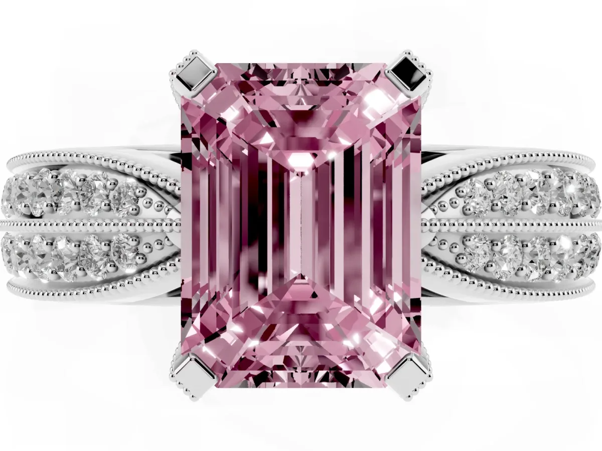 Fancy Pink Emerald Cut Diamond Solitaire Ring with Milgrain Round Pavé Band and Prong Setting Silver