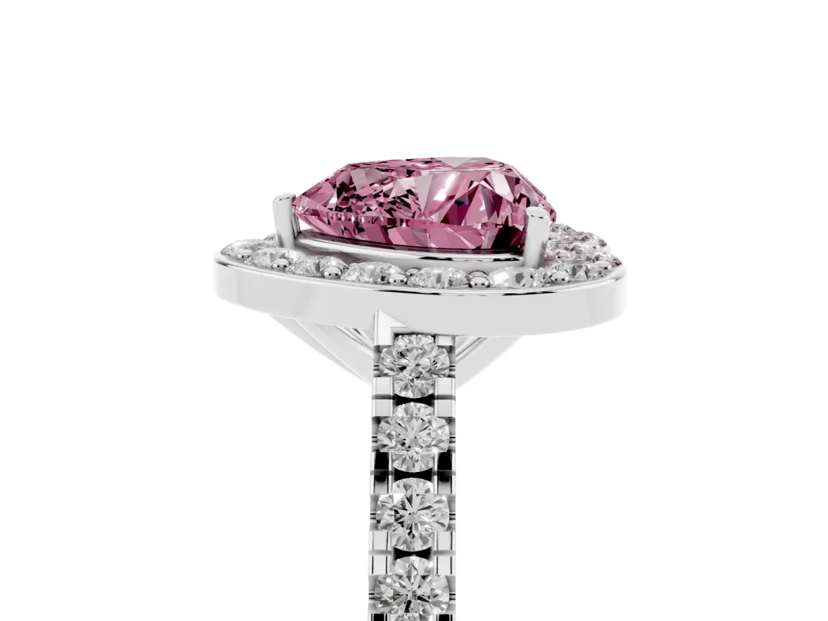 Fancy Pink Heart Cut Diamond Halo Ring with Round Pavé Split Shank and Prong Setting Silver
