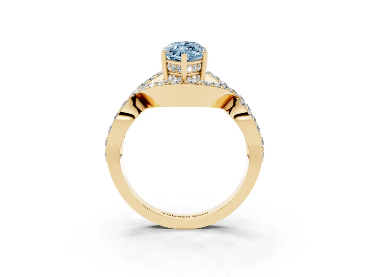 Fancy Blue Marquise Cut Solitaire Twist Band Pavé Diamond Engagement Ring Yellow gold