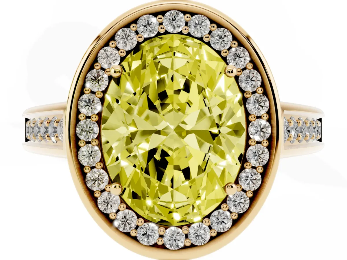 Fancy Yellow Oval Cut Halo Solitaire Diamond Ring with Pave Band and Bezel Setting Yellow gold