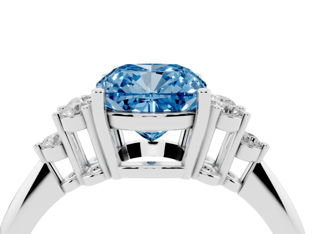 Fancy Blue Cushion Cut Cut Diamond Cluster Ring with Solitaire Band and Four-Prong Setting Silver