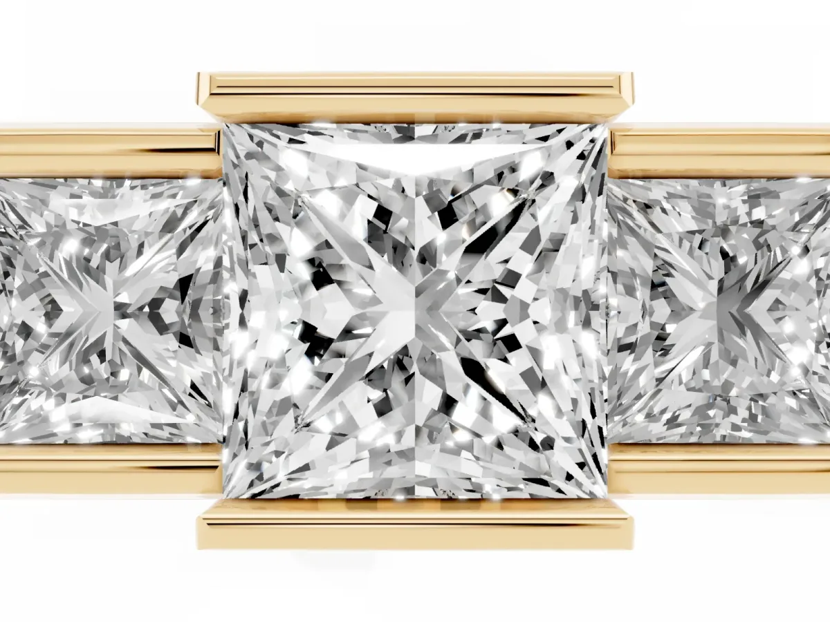 Three Stone Princess Cut Cut Channel Set Diamond Ring Yellow gold