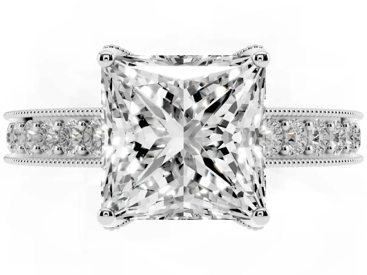 Princess Cut Cut Diamond Solitaire Ring with Milgrain Pave Band and Four Prong Setting Silver