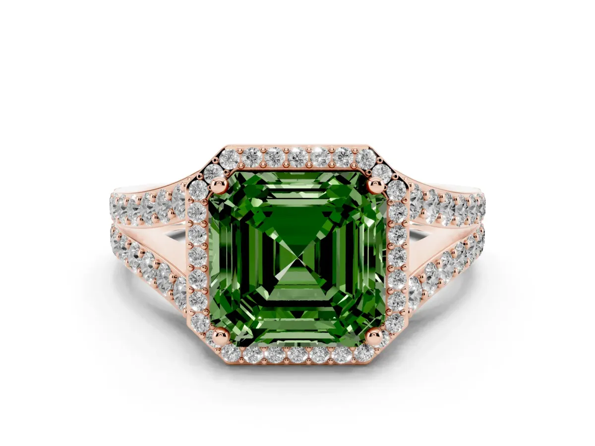 Fancy Green Asscher Cut Diamond Split Shank Halo Ring with Four-Prong Setting Rose gold