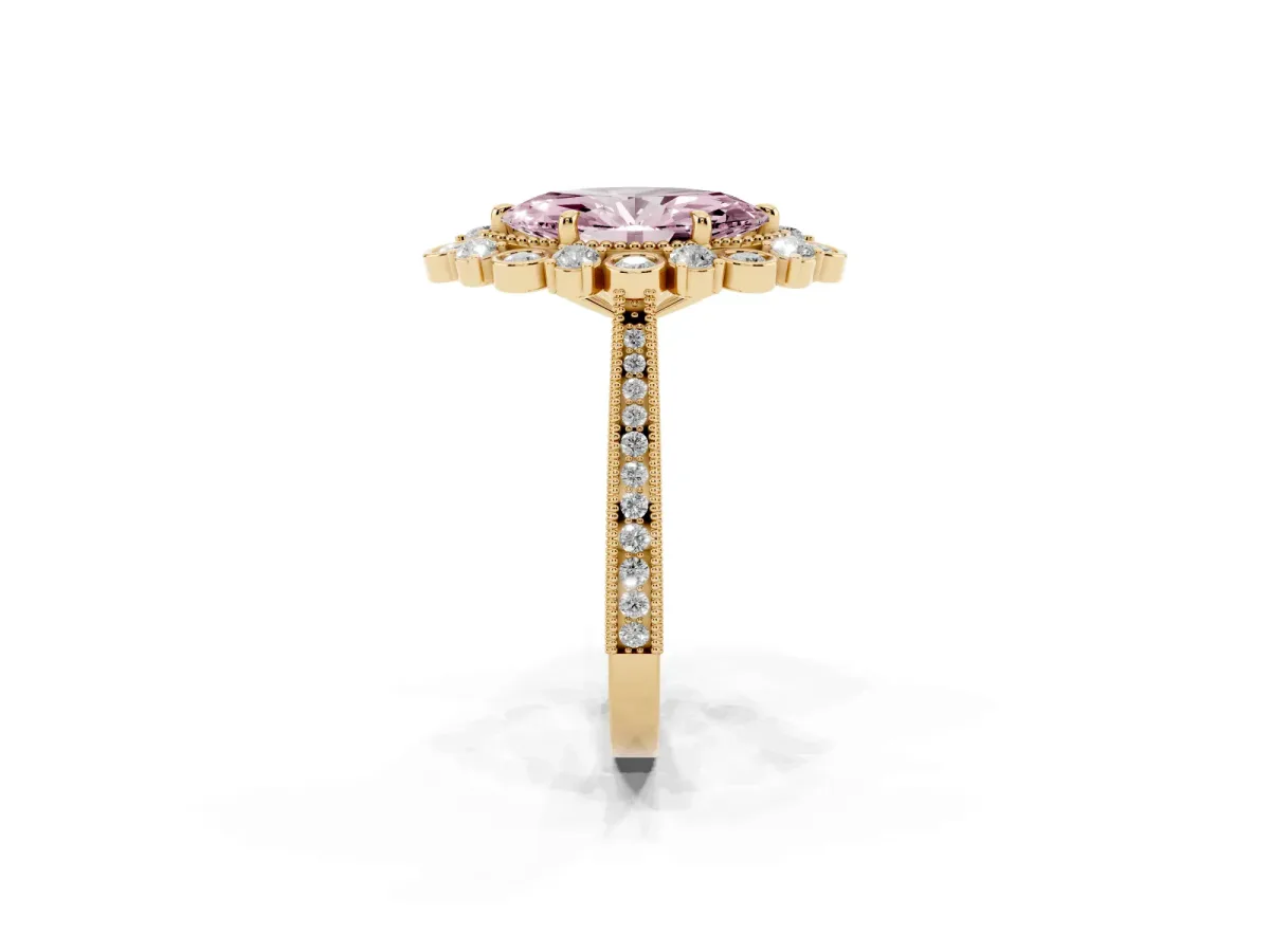 Fancy Pink Marquise Cut Halo Milgrain Pave Diamond Ring with Four-Prong Setting Yellow gold