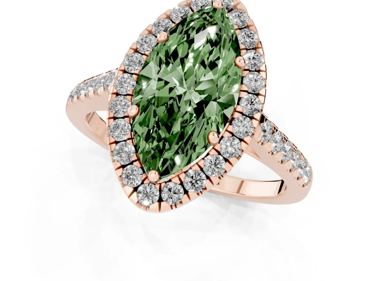Fancy Green Marquise Cut Halo Pave Diamond Engagement Ring with Four-Prong Setting Rose gold