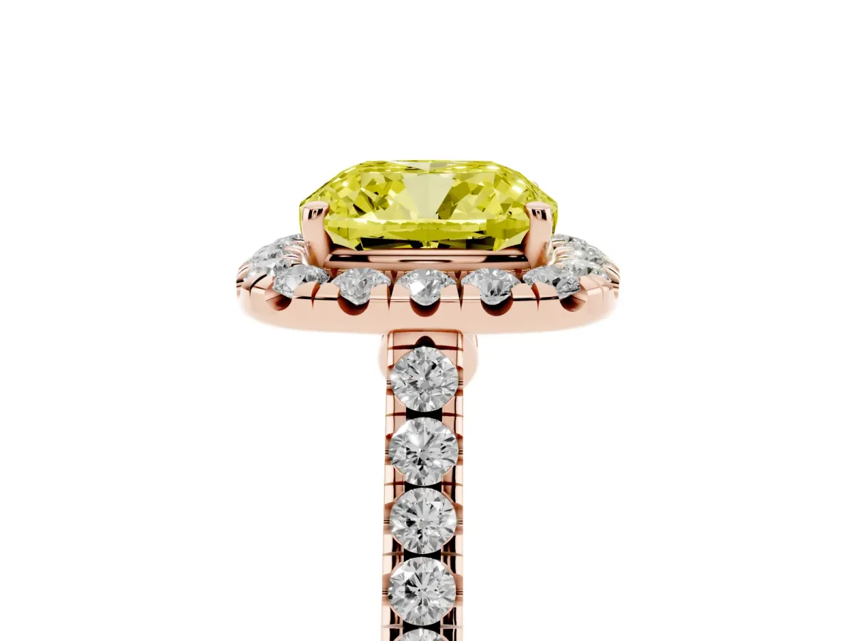 Fancy Yellow Cushion Cut Halo Pave Diamond Engagement Ring with Four-Prong Setting Rose gold