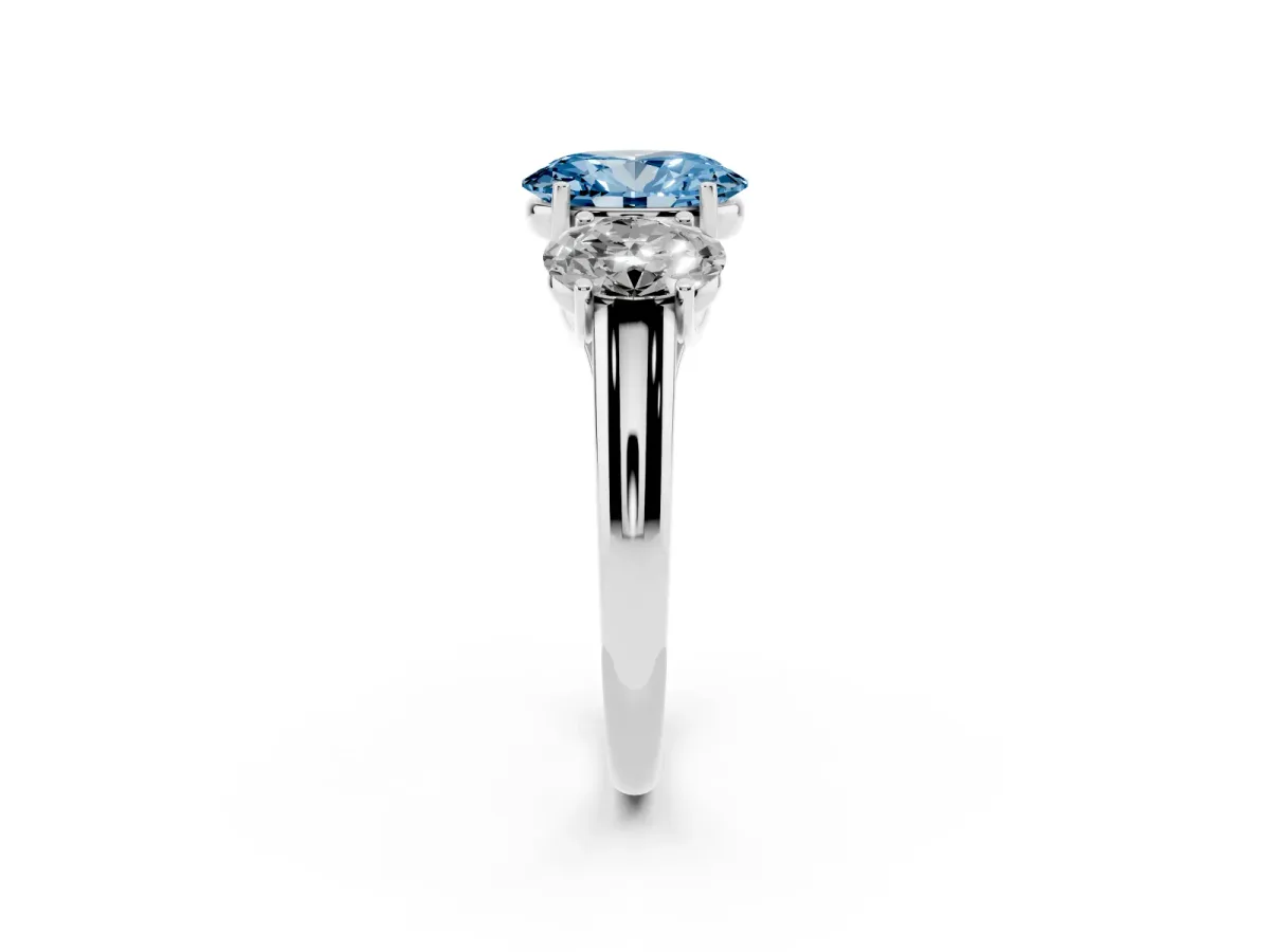 Fancy Blue Three-Stone Oval Cut Diamond Engagement Ring with Prong Setting Silver