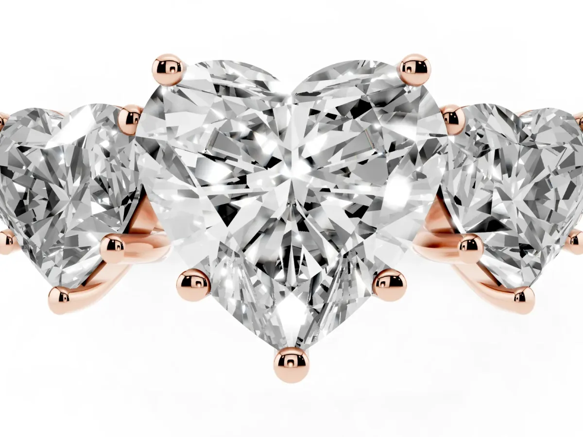 Three-Stone Heart Cut Diamond Ring with Round Pavé Band and Prong Setting Rose gold