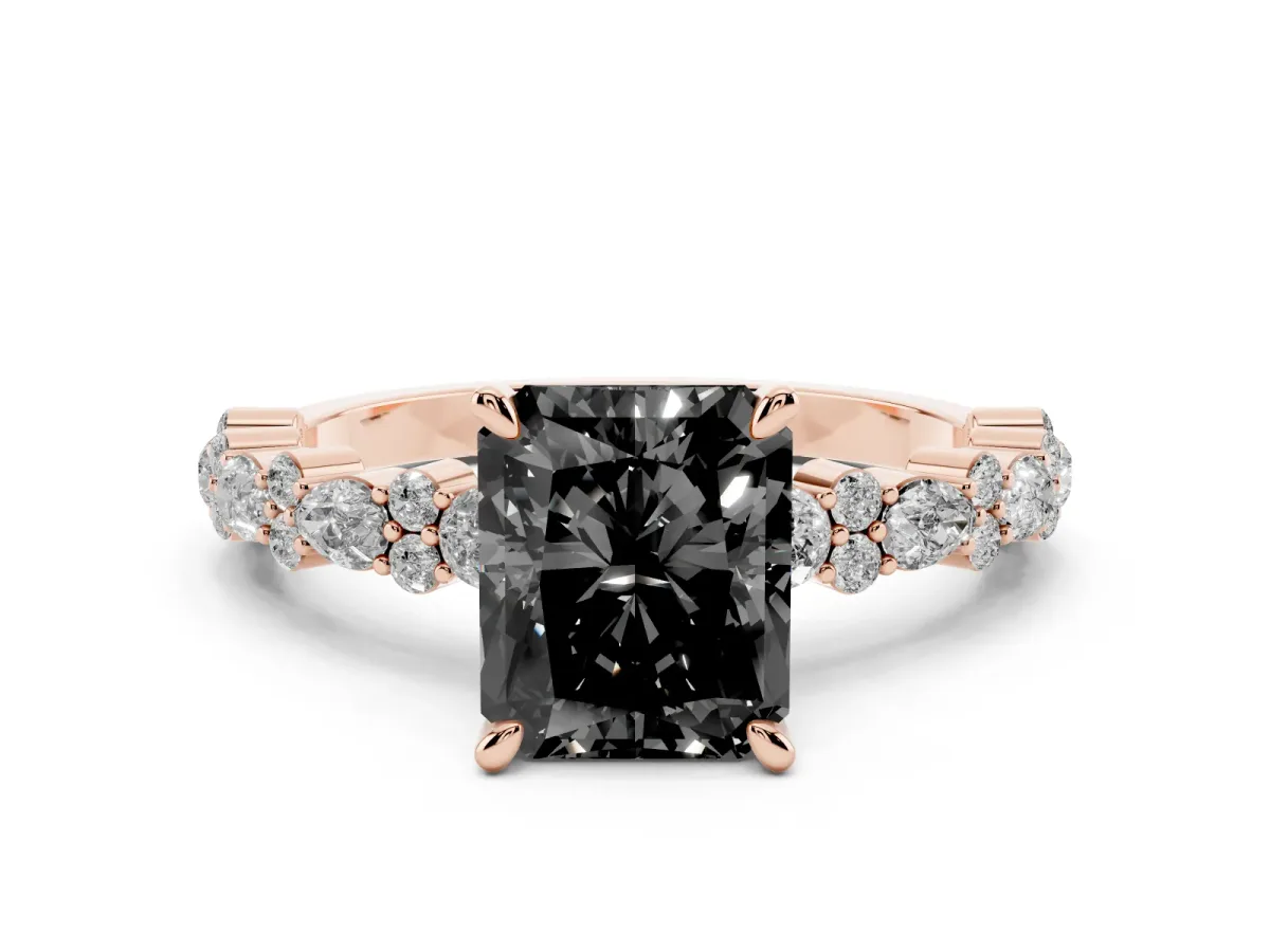 Fancy Black Radiant Cut Diamond Side Stone Solitaire Ring with Round and Four-Prong Setting Rose gold
