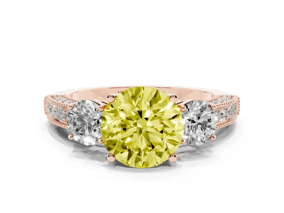 Fancy Yellow Round Cut Three-Stone Diamond Ring with Pavé Band and Four-Prong Setting Rose gold
