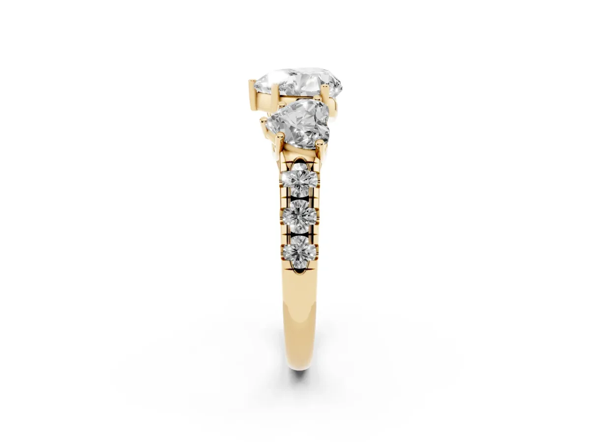 Three-Stone Heart Cut Diamond Pavé Band with Prong Setting Yellow gold
