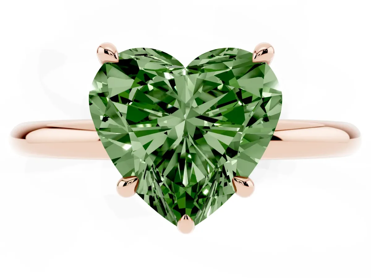 Fancy Green Heart Cut Diamond Solitaire Ring with Thin Band and Four-Prong Setting Rose gold
