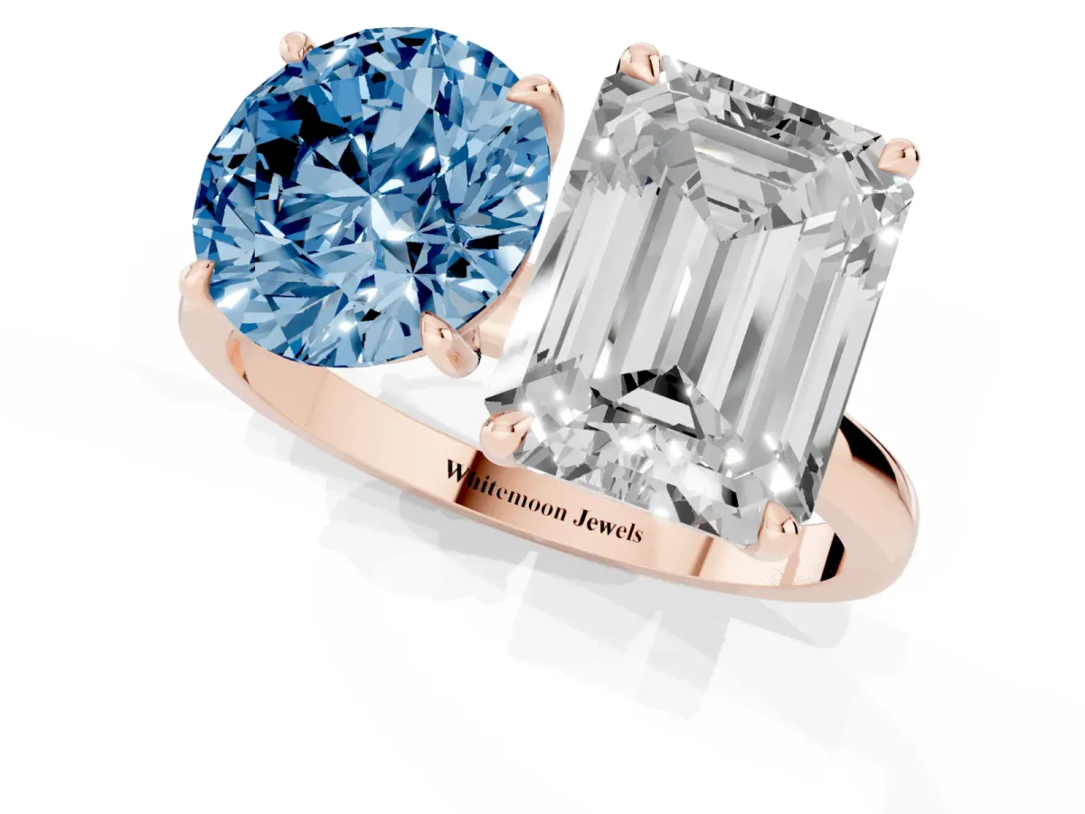 Fancy Blue Round Cut and Emerald Cut Toi Moi Ring with Prong Setting Rose gold