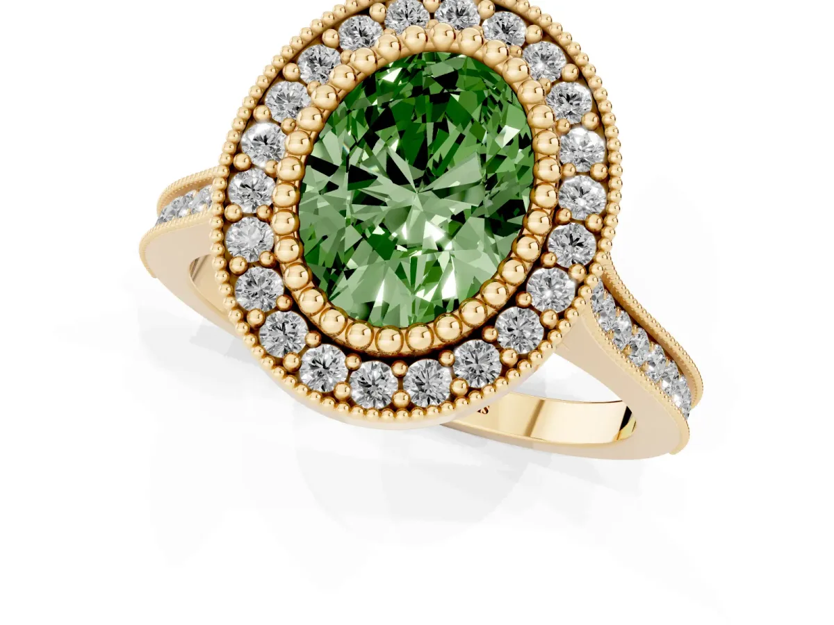 Fancy Green Oval Cut Diamond Halo Ring with Milgrain Frame and Pavé Band Yellow gold