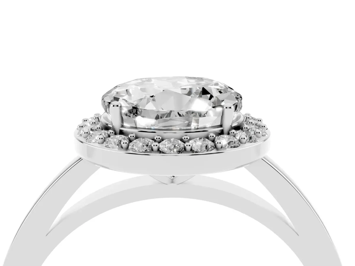 Round Cut Halo Diamond Ring with Solitaire Band and Prong Setting Silver