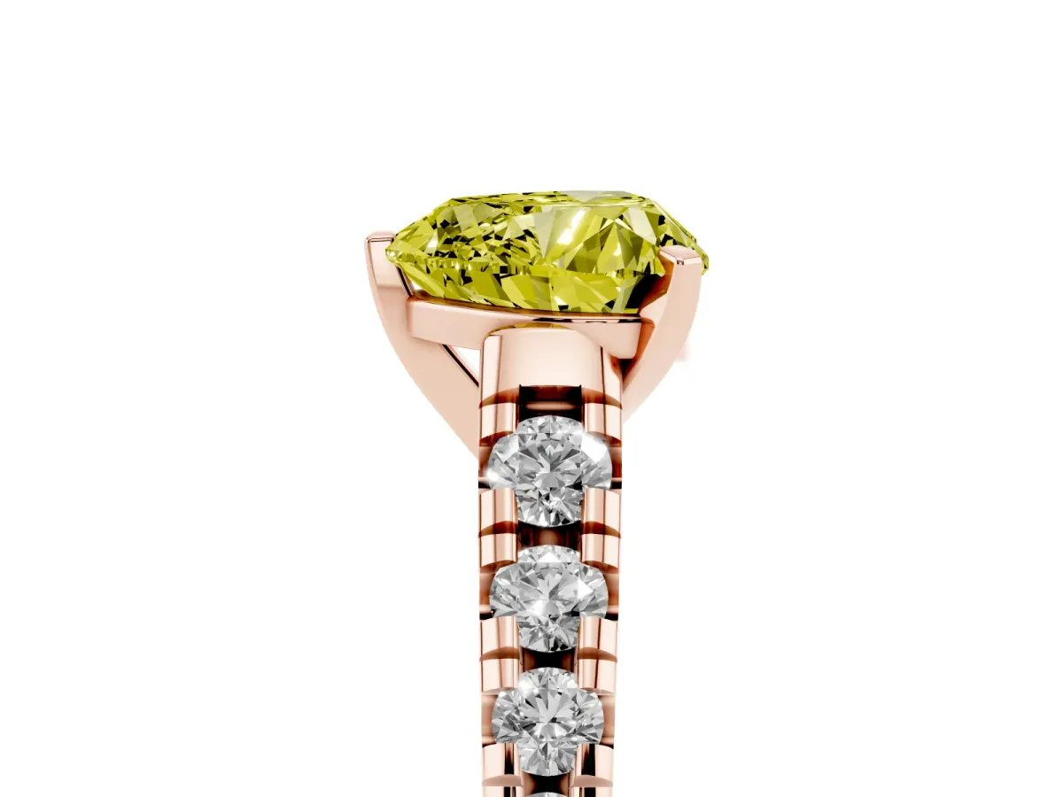 Fancy Yellow Heart Cut Diamond Cathedral Solitaire Ring with Round Pavé Band Rose gold