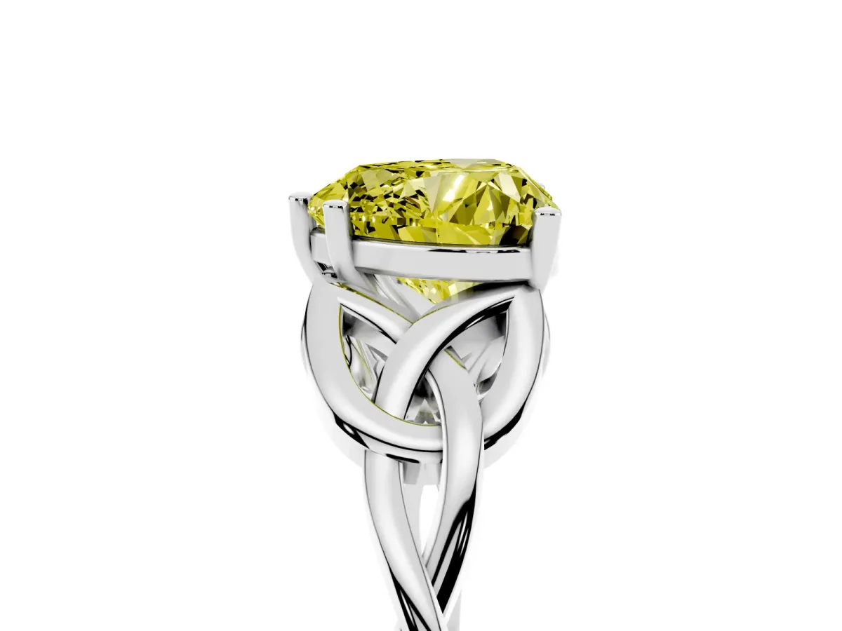 Fancy Yellow Heart Cut Diamond Solitaire Engagement Ring with Celtic Knot Band and Four-Prong Setting White gold