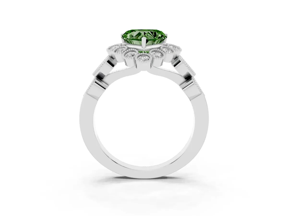 Fancy Green Heart Cut Brilliant Milgrain Pave Heart Band Solitaire Ring Platinum