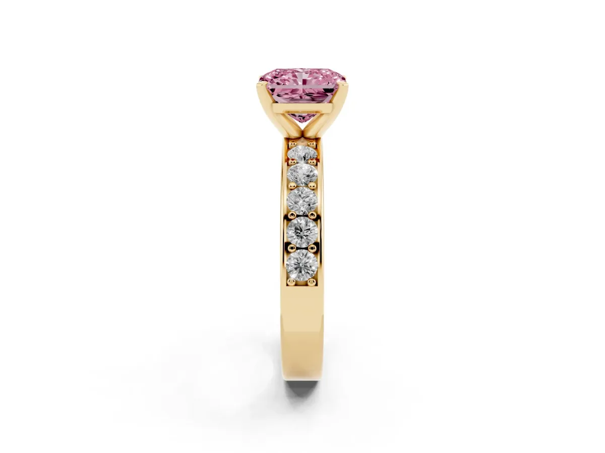 Fancy Pink Radiant Cut Diamond Engagement Ring with Channel Set Round Band and Prong Setting Yellow gold