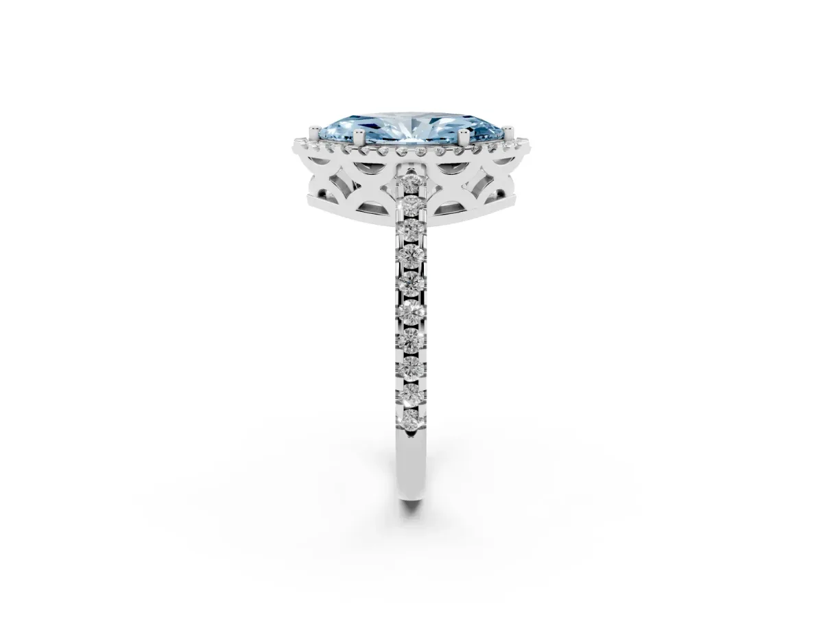 Fancy Blue Marquise Cut Diamond Halo Engagement Ring with Pavé Band and Prong Setting Platinum