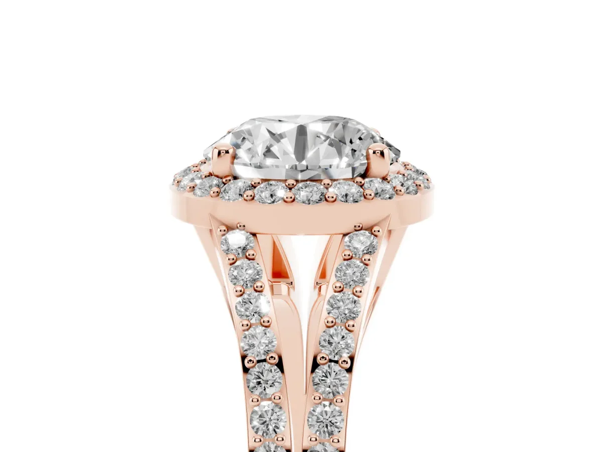 Round Cut Halo Split Shank Diamond Ring with Prong Setting Rose gold