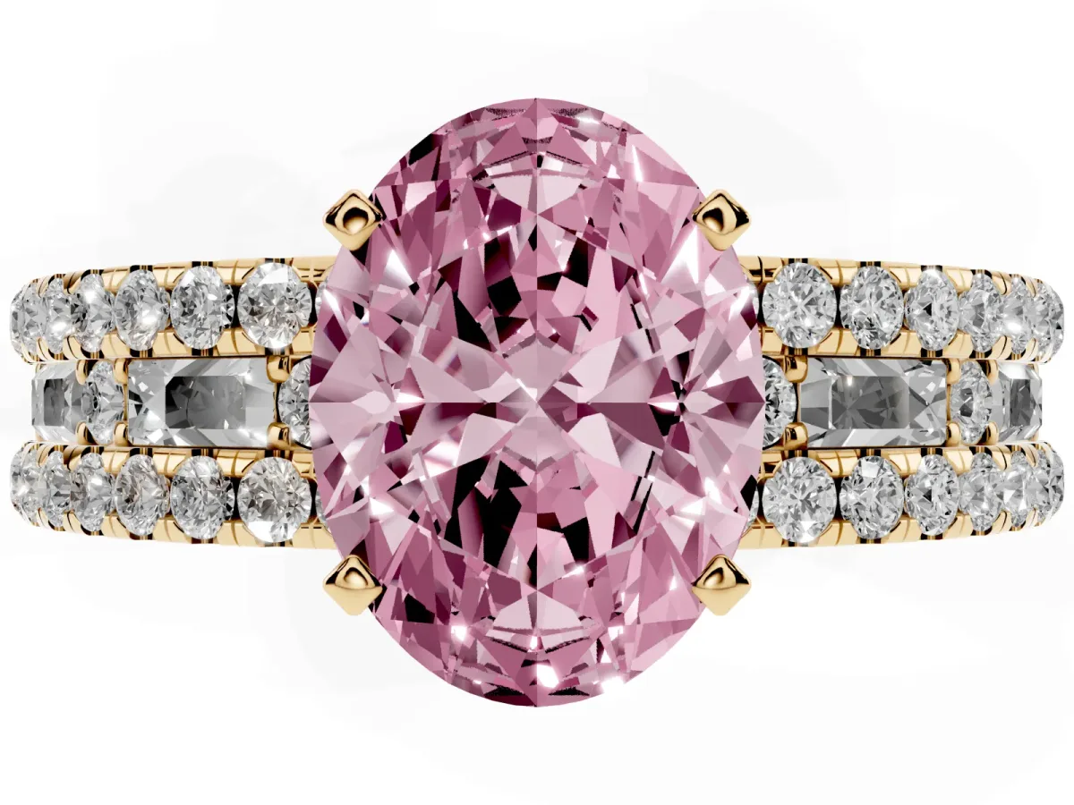 Fancy Pink Oval Cut Diamond Solitaire Ring with Pavé and Channel Set Band Yellow gold