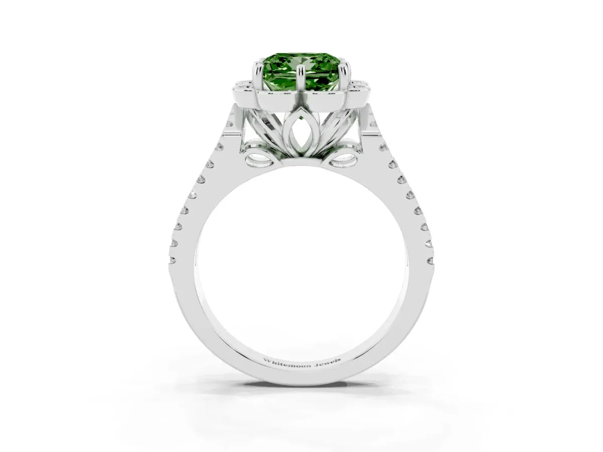 Fancy Green Princess Cut Halo Diamond Floral Split Shank Engagement Ring Silver